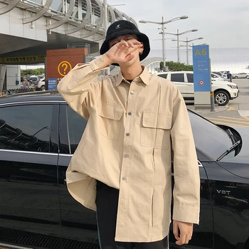 

2018 Autumn Men's Fashion Japan Style Pocket Decoration Lapel Loose Casual Khaki/green/orange Color Long Sleeve Shirts M-2XL