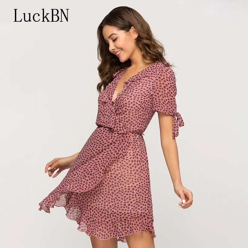 

New Female Short Sleeve V-Neck Beach Dress Leopard Print Ruffle Mini Dress Women Summer Dresses Sexy Sundress Vestido De Festa