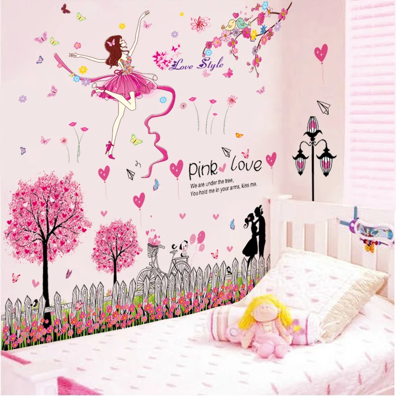 

[SHIJUEHEZI] Cartoon Girl Dancer Wall Stickers DIY Pink Trees Mural Decals for Kids Rooms Baby Bedroom Decoration Muursticker