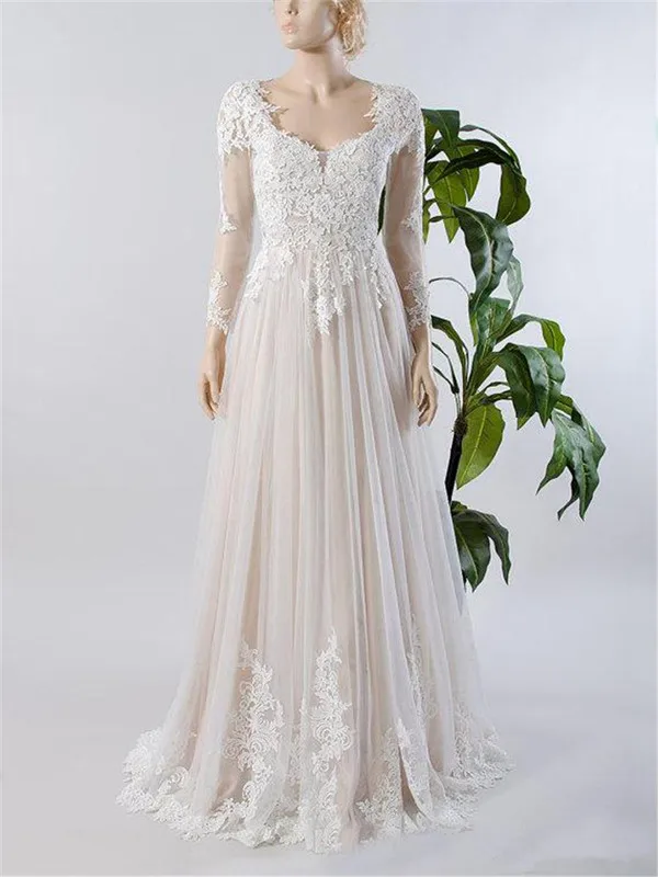 

Beach Vestido De Noiva 2019 Muslim Wedding Dresses A-line V-neck Long Sleeves Tulle Appliques Boho Wedding Gown Bridal Dress