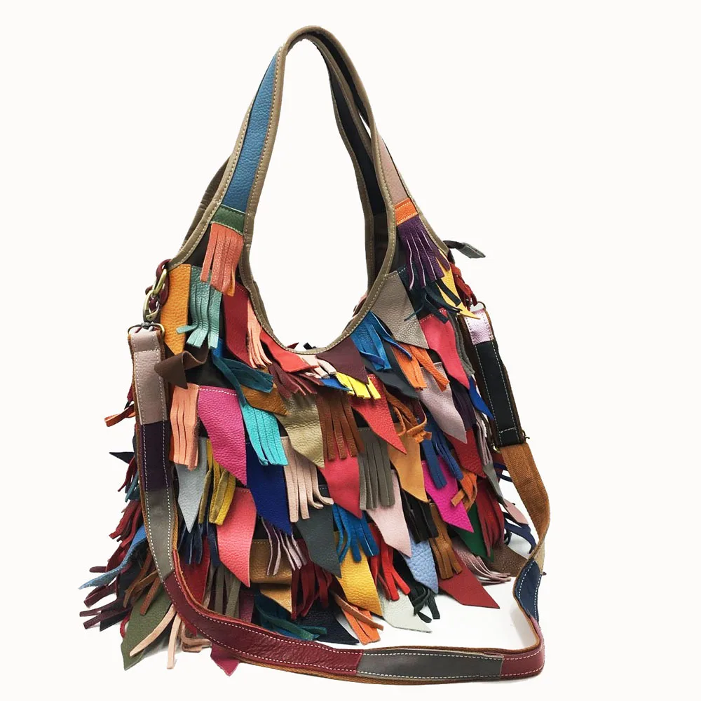 Разноцветная женская сумка с бахромой из натуральной кожи, Большая вместительная сутулящаяся женская сумка в этническом стиле, богемная сумка на плечо