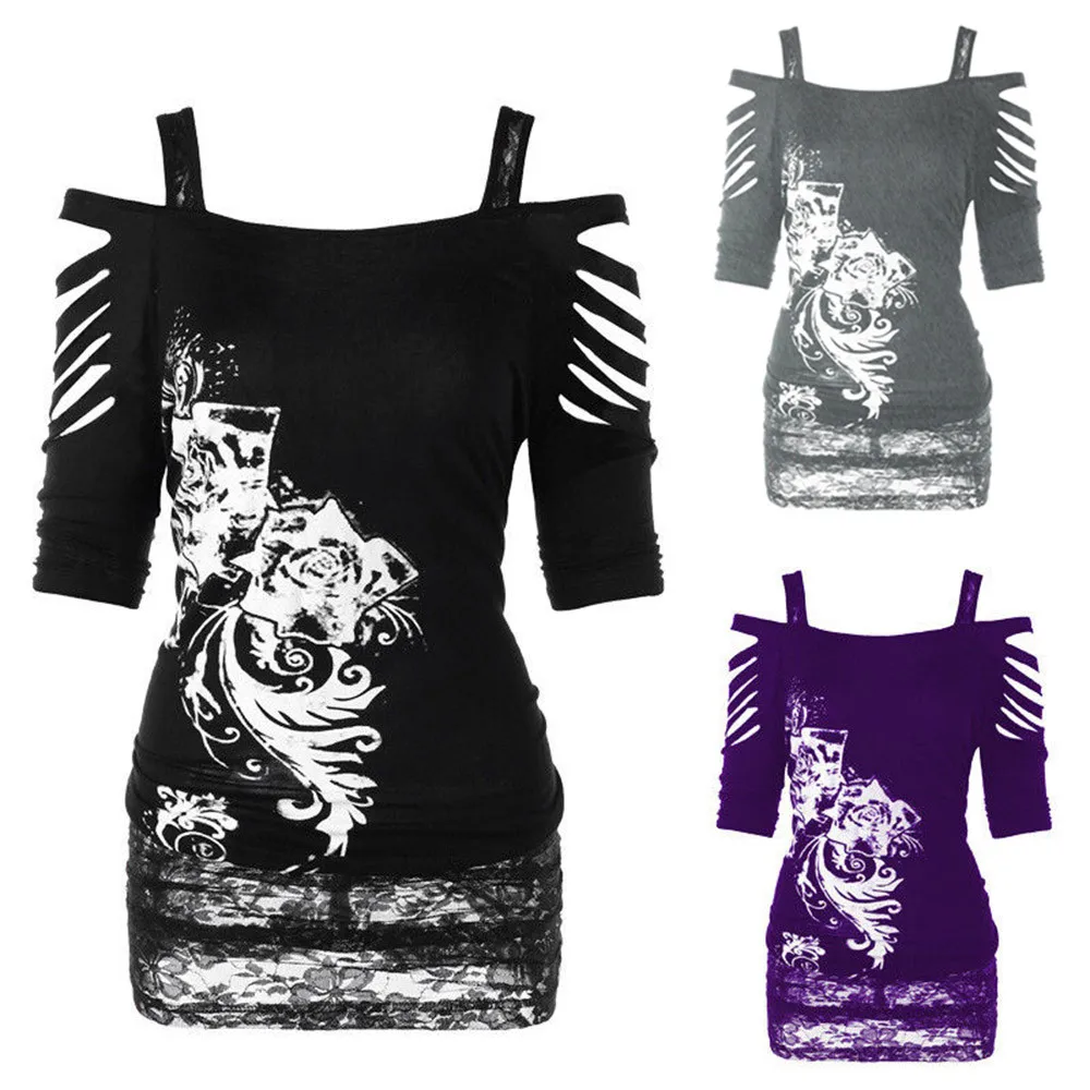 

Fashion Women Off shoulder Rock Gothic Shirt Casual Ripped Sling Top off shoulder top Vogue vintage tops mujer verano 2019#30
