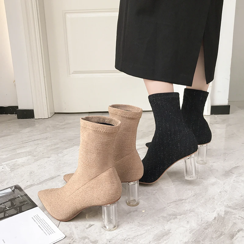 

Tangnest Women Sock Boots Slip On Transparent Heel Ankle Boots Pointed Toe Shoes Woman Spring Sexy Ladies Shoes Woman XWX7098
