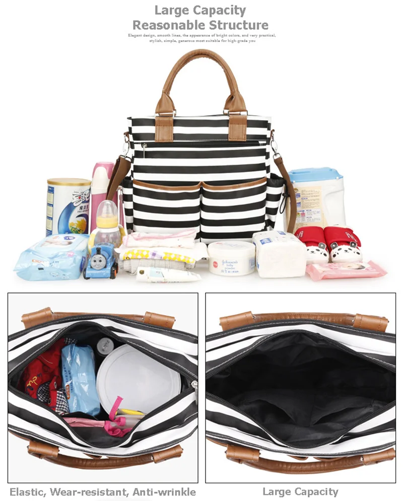 4 PcsSet Baby Diaper Bag Canvas Stripe Large Capacity Mummy Nappy Bags Fashion Mother Handbag Stroller Hook Shoulder Bag BB6006 (3)
