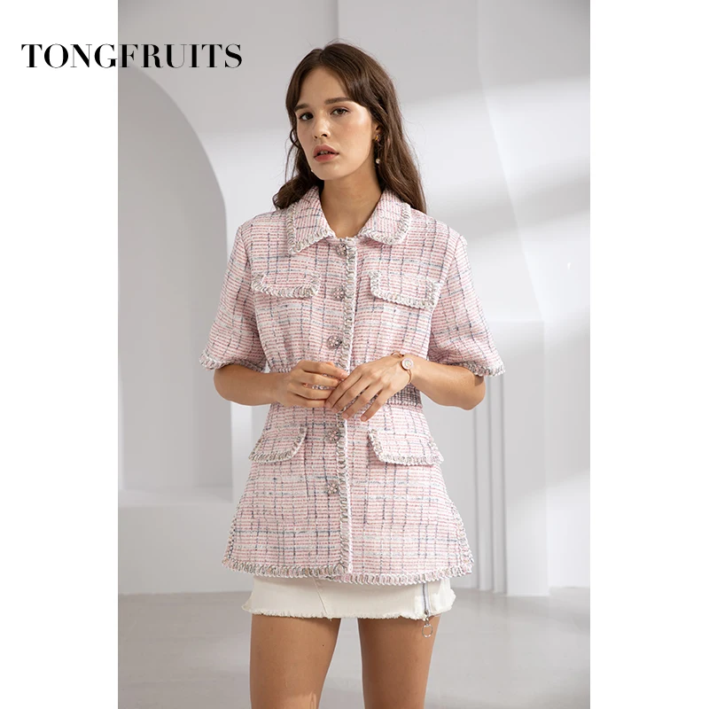 2019 New Fashion Turn-down Collar High Waist Woven Fabric High Street Jacket Women Pink Slim Jacket Coat Outerwear High Quality