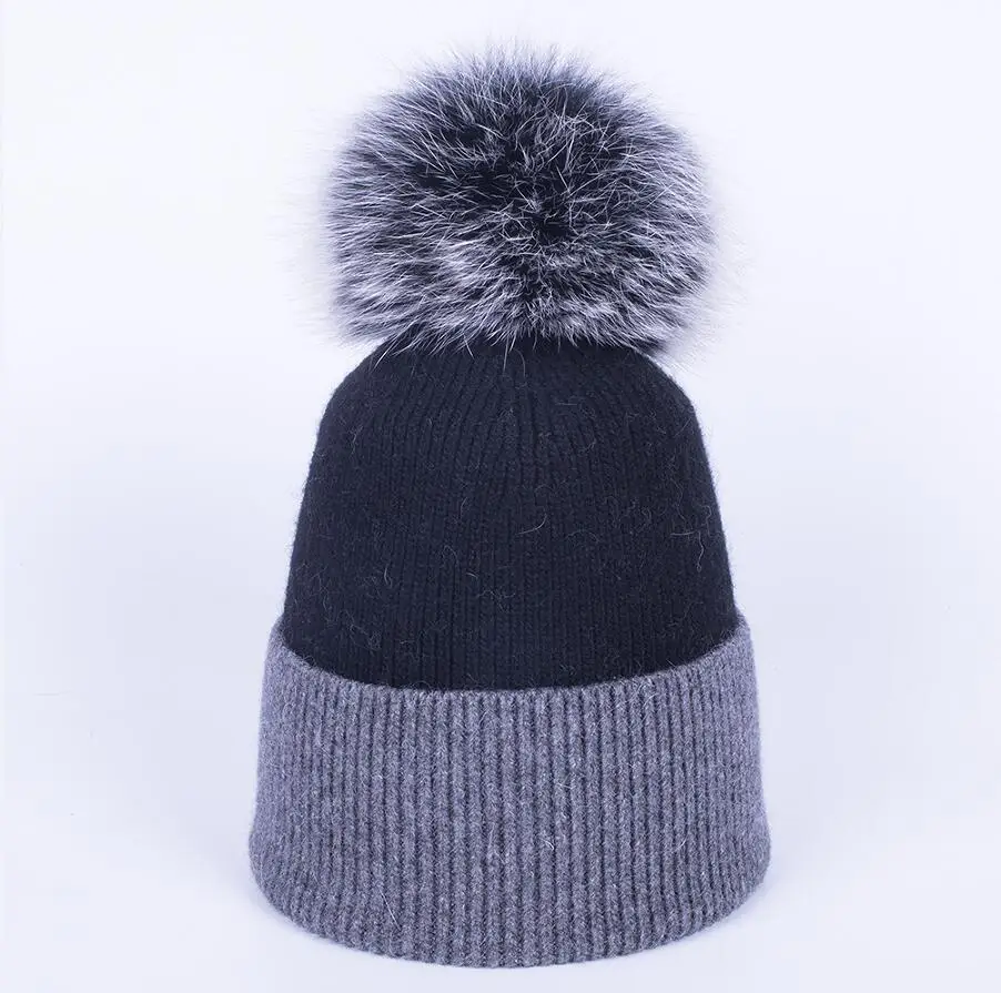 YC Fur, зимняя шапка, шапка для женщин, натуральный мех, помпон, шапки s, шапки бини, женские, двойные цвета, вязаные шапки из овечьей шерсти, шапки бини, Skullies, для девочек - Цвет: GREY BLACK POM