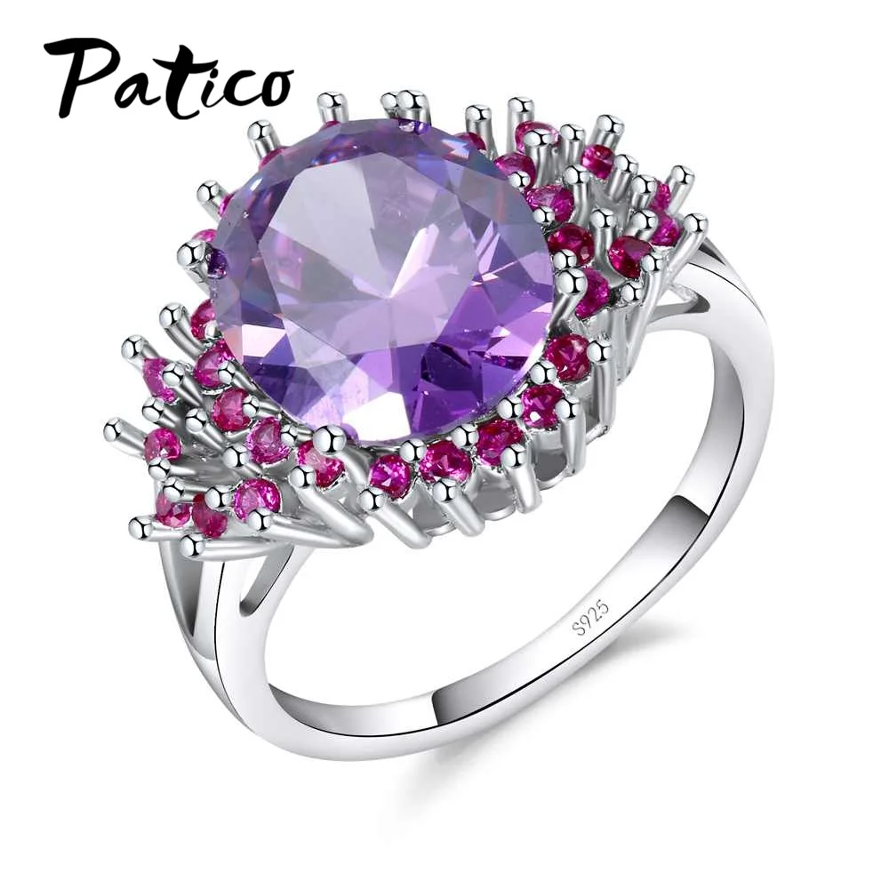 

PATICO New Luxurious Crystal S90 Purple Color Big Cubic Zirconia Ring Cute Jewelry Women Engagement For Party