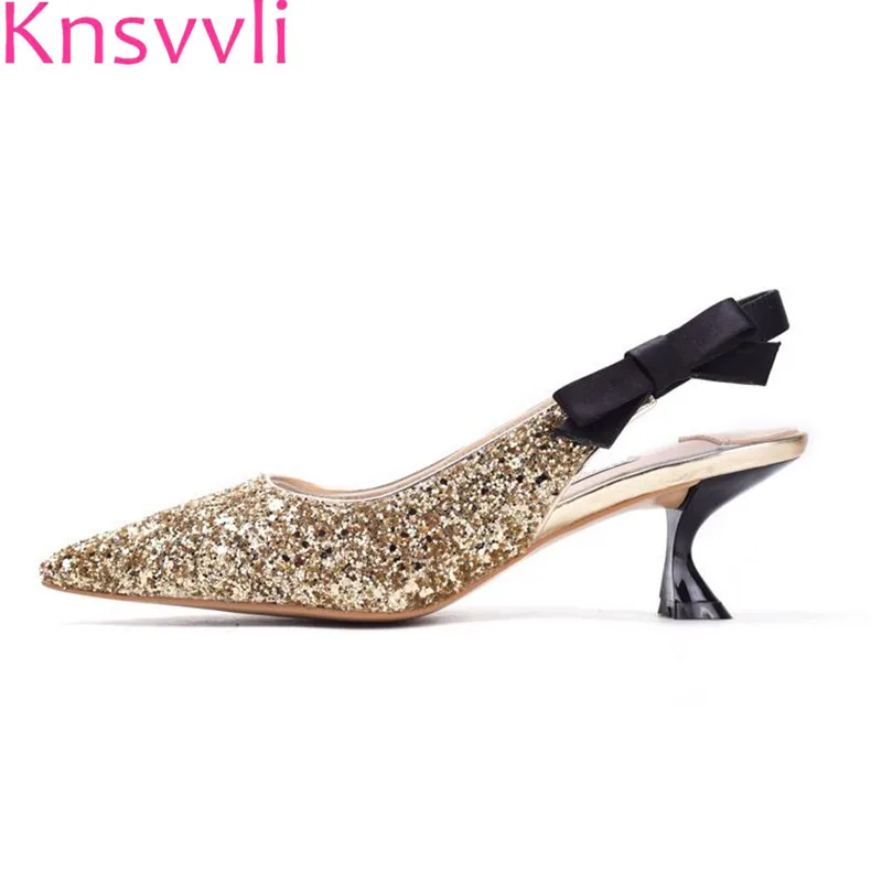 

Spring Summer New Silver Sequins Wedding Shoes Women Bowknot Mixed Color kitten Heel Pointed End Golden High Heel Woman Shoes