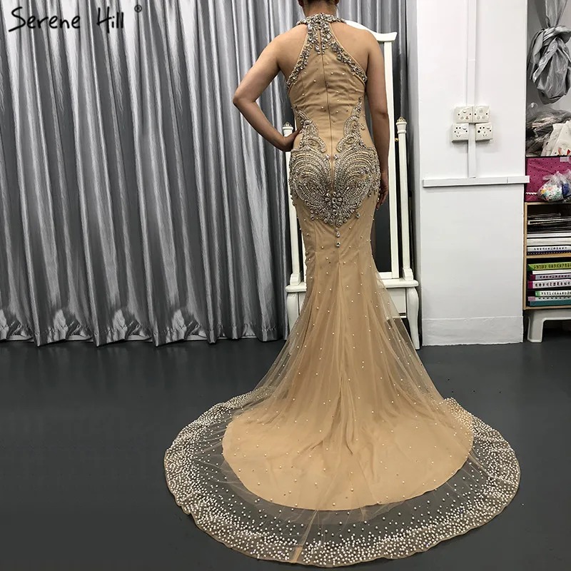 Dubai High Neck Beads Mermaid Evening Dresses New Fashion Champagne Formal Dress Party Vestido De Festa Serene Hill BLA6558