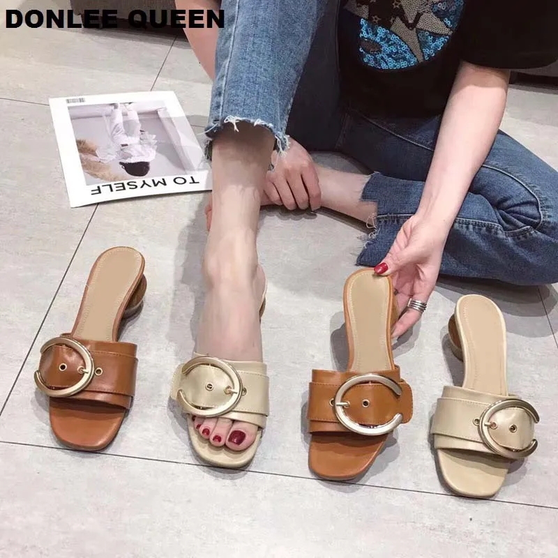 

DONLEE QUEEN 2019 Summer Slippers Low Heel Sandal Shoes Luxury Brand Designer Slipper Slip On Slides Female Mujer Flip Flops New