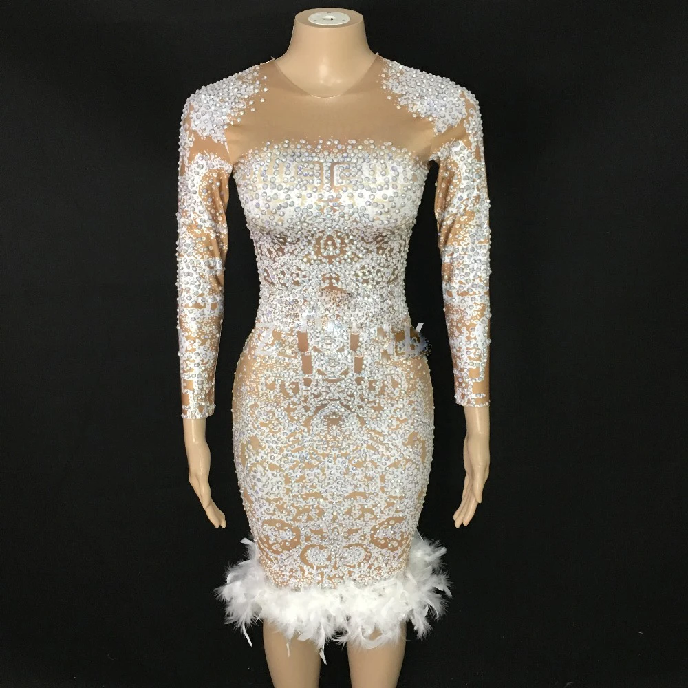 

Sparkly AB stones Feather Dress Stretch Sexy Nightclub Bar Dance Wear Evening Celebrate Dress Costume Prom Birthday Dresses