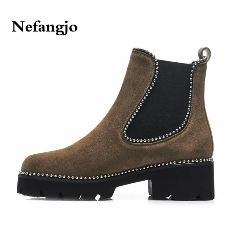 

Nefangjo 2018 New Metal Decoration Studded Ankle Boots Woman Cow Suede Low Heels Chelsea Boots Punk Platform Autumn Women Shoes