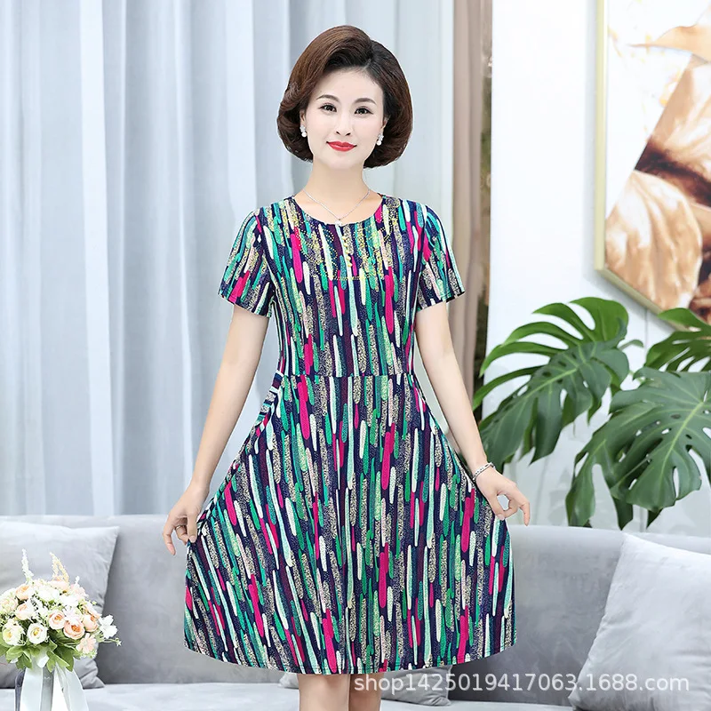 Summer Middle-aged Mother dress Loose Comfortable Flower Print Round Neck Short Sleeve Plus Size 4xl 5XL Women printed Dress | Женская
