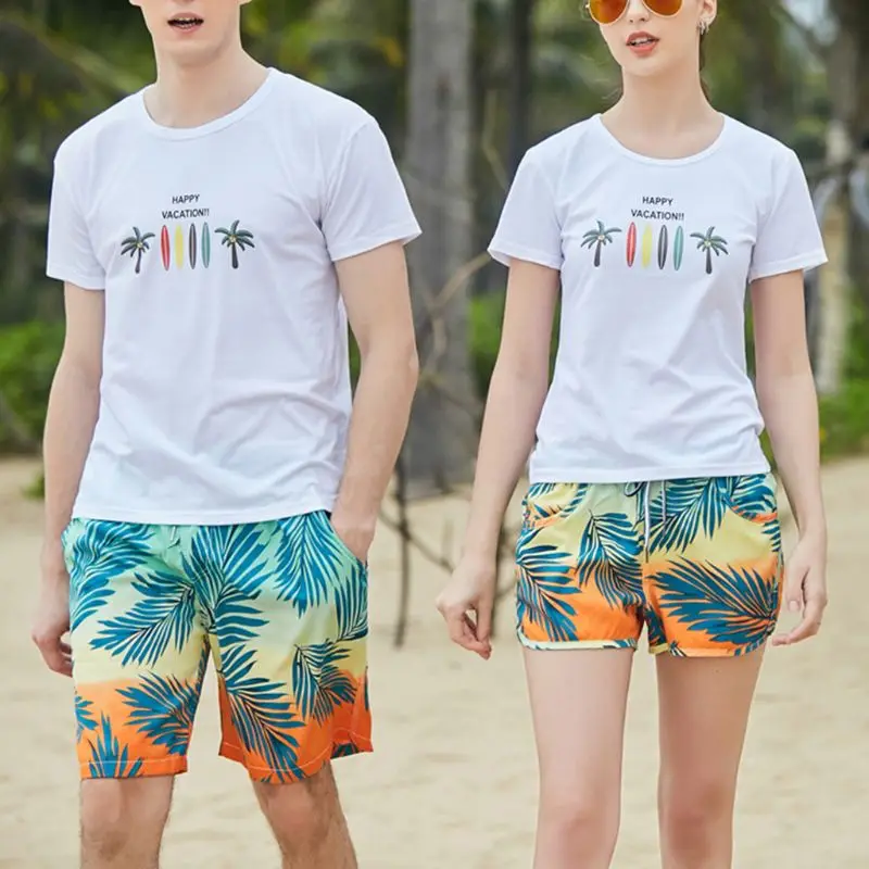

Matching Couple Beach Shorts Women Men Summer Gradient Leaves Print Surfing Swim Trunks Drawstring Boardshorts With Pockets Gift