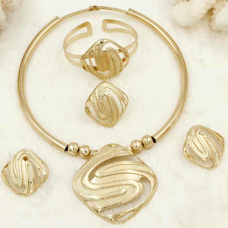Liffly Модные Свадебные украшения наборы для женщин Дубай золото большое ожерелье серьги, браслет, кольцо обручальное Ювелирный Набор