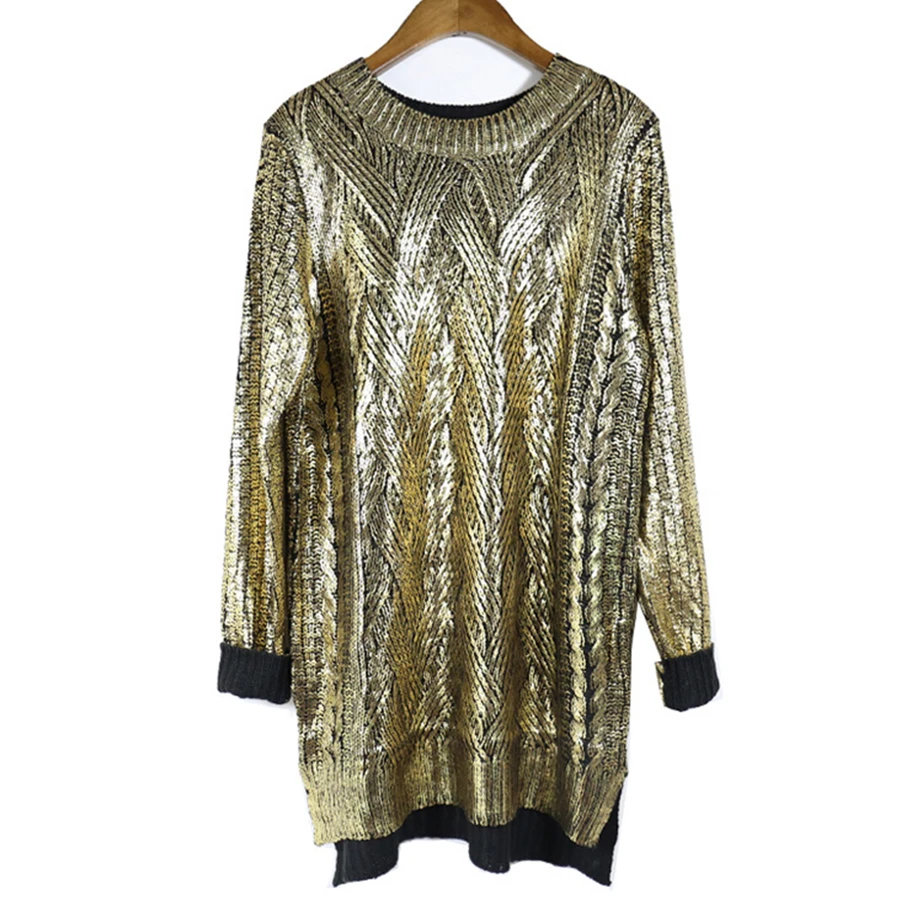 Women Bronzing Silver Knitted Sweater Winter Long Warm Retro Pullover Gold Silver Fashion Round Neck Sweater Casual High Quality