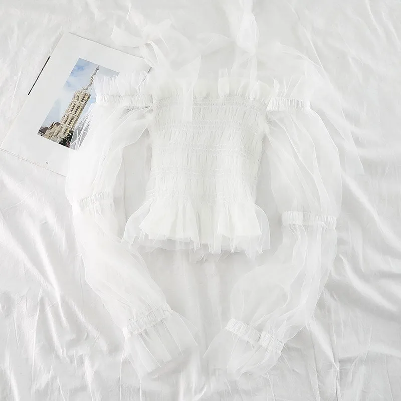 2019 Women Puff Flare Sleeve Slash Neck Ruffle Shirt Casual Elastic Slim High Waist Tulle Pullover Mesh Gauze Voile Blouse