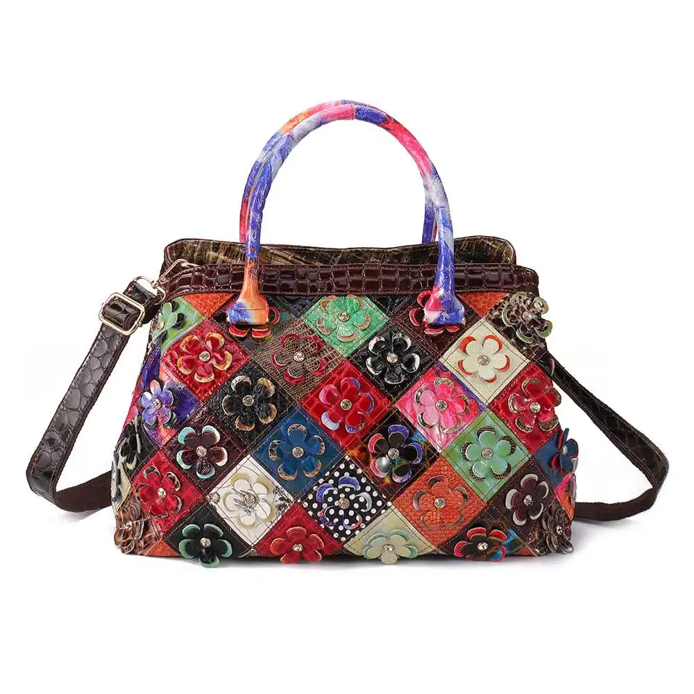 AEQUEEN, женские сумки из натуральной кожи, лоскутные, цветочные, ручные сумки, винтажные сумки через плечо, богемные женские сумки, разные цвета - Цвет: Яркий