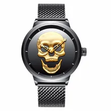 Men Watches Luxury Gold Skull Dial Men Black Sport Watch Stainless Steel Mesh Band Waterproof Male Wrist Watch bayan kol saati