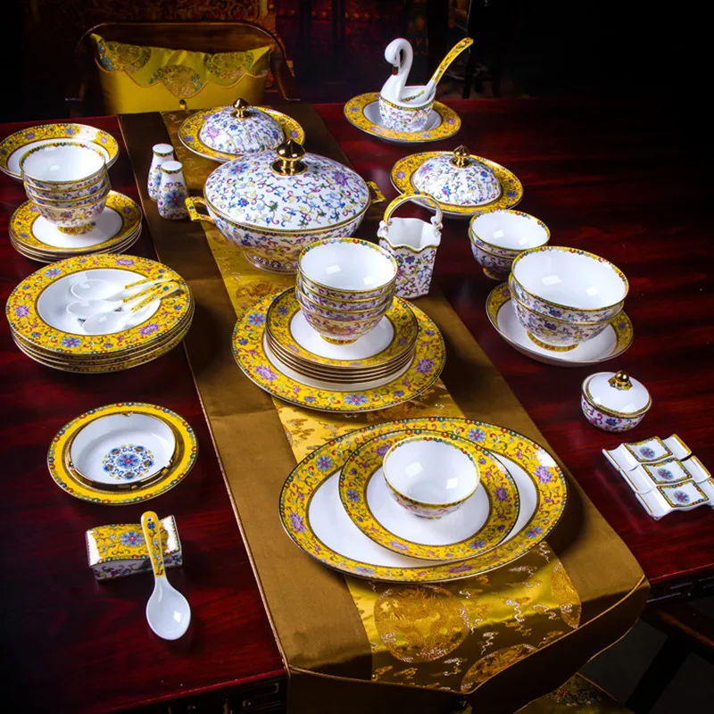 

Jingdezhen Chinese style palace enamel tableware 80 pieces of bone china dishes home hotel porcelain wedding
