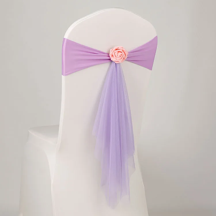 100pcs/lot Lycra chair sash butterfly bow tie with rose ball for wedding chairs decoration spandex band stretch bow tie - Цвет: VIOLET