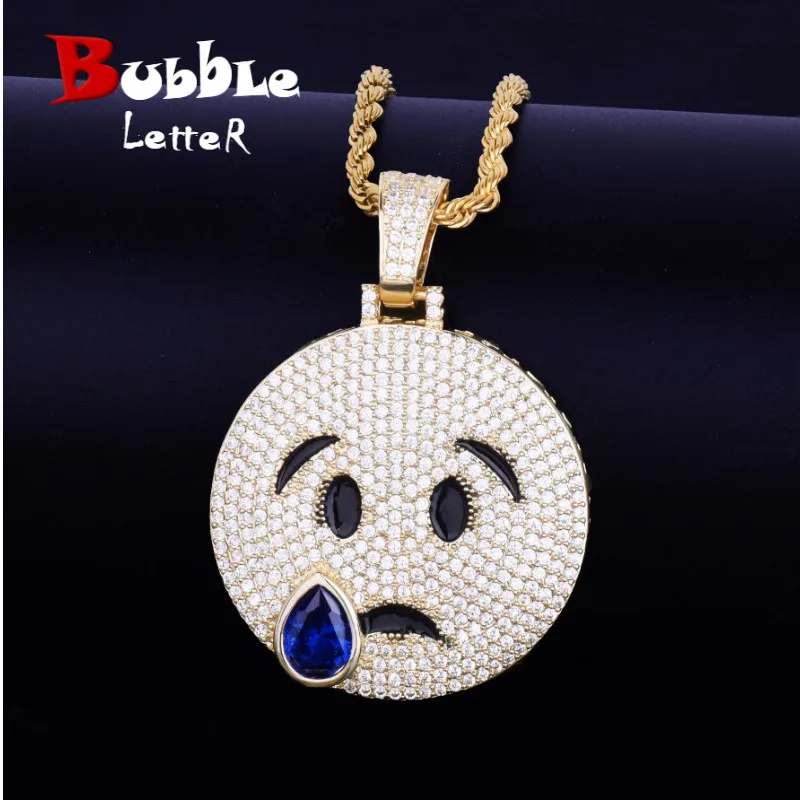 

Iced Laugh Emoji Pendant With Tennis Chain Gold Color Bling Cubic Zircon Men's Hip hop Necklace Jewelry For Gift