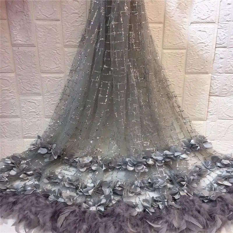 

Wedding dress fabric high-grade feather embroidered French mesh tulle African Nigerian lace fabric Feather fabric