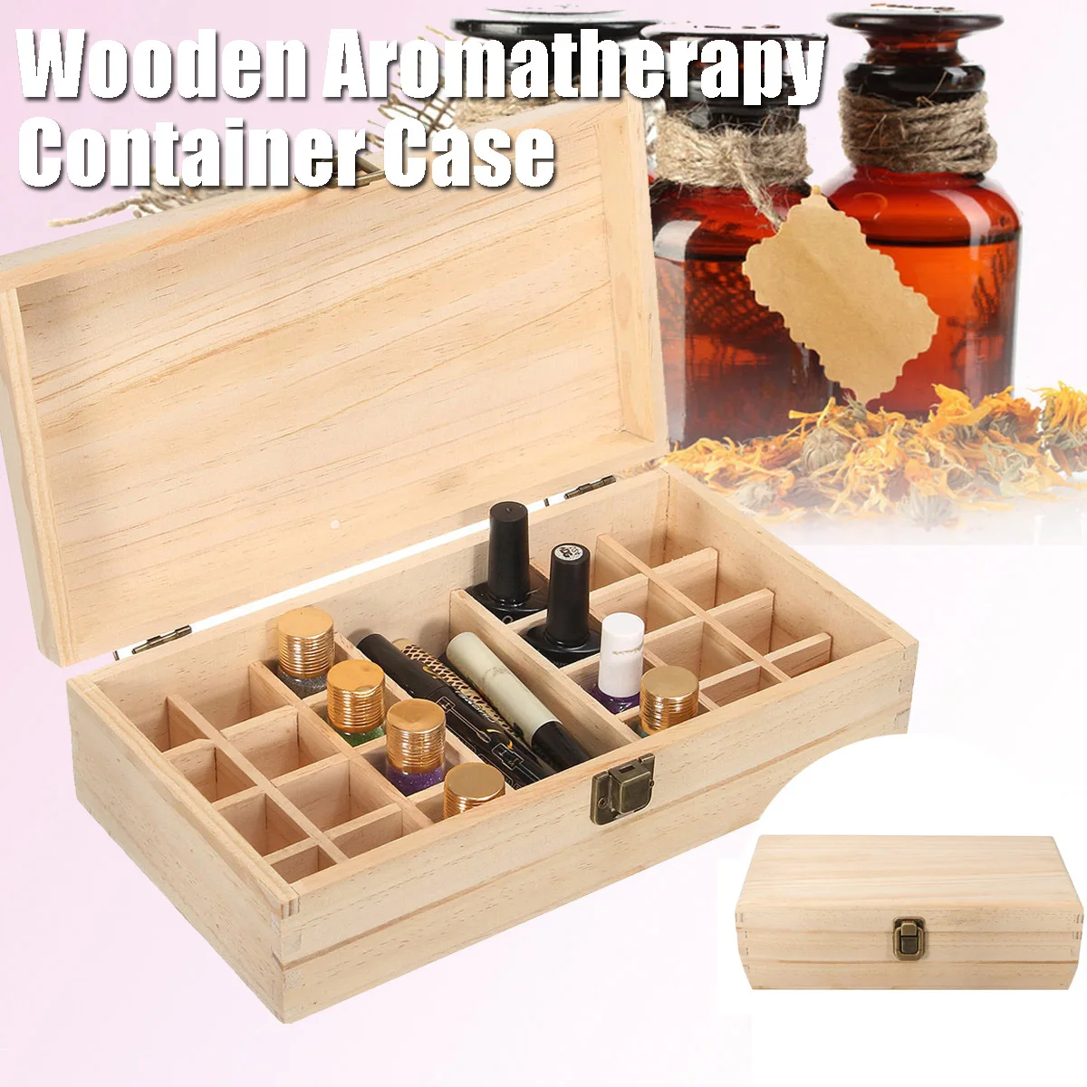 

25 Grid Essential Oils Case Wooden Storage Box for SPA YOGA Club Aromatherapy Storage Case Metal Lock Travel Organizer Container