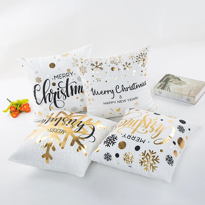 

Merry Christmas Cushion Cover Gold Linen Cotton Soft Cute Cushion Covers Santa Xmas Decorative Sofa Pillow Case Pillowcase