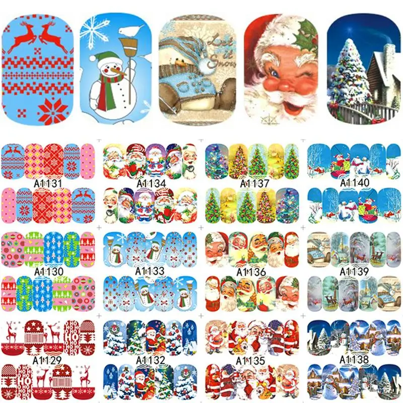 

12Pcs/Sheet Christmas Water Nail Art Sticker Decals Watermark Slider Cute Patterns Transfer Tattoos Manicure Wrap Tips
