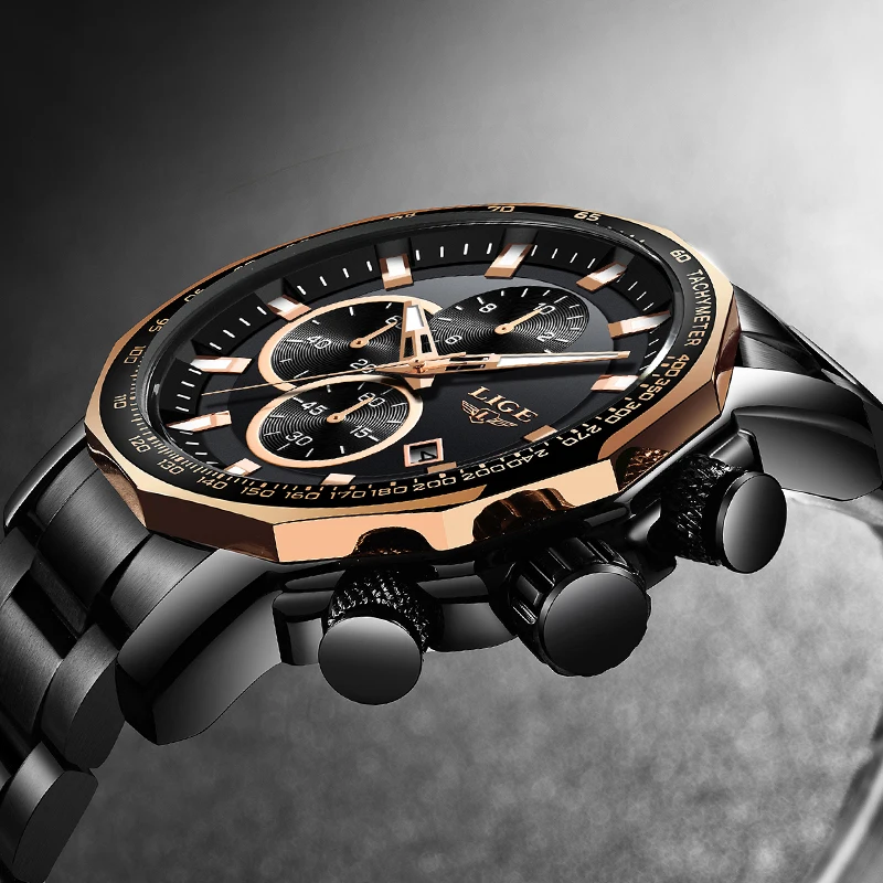 LIGE nuevos relojes para hombre de marca superior de lujo reloj de cuarzo cronógrafo deportivo de acero completo resistente al agua reloj de esfera grande para hombre - 2