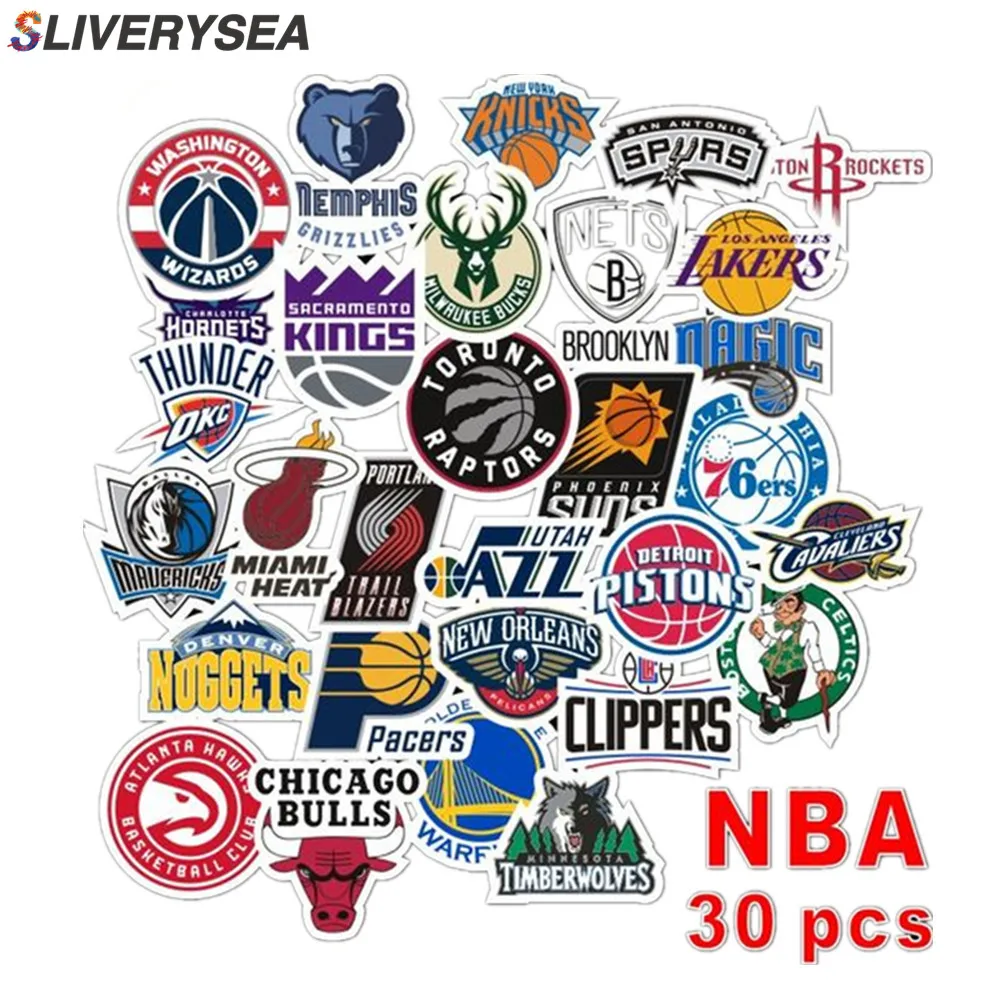 

30Pcs / lot NBA Club Logo Sticker Waterproof Sticker For Car Laptop Trunk Skateboard Guitar Sticker Bike Decal Car Styling B1333
