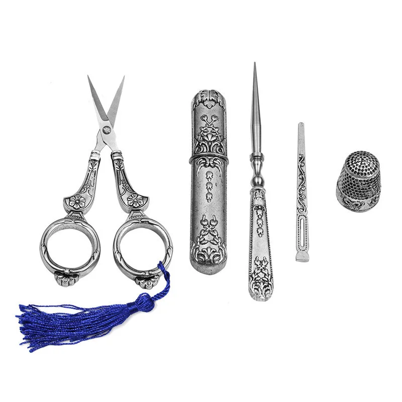 

1Set Vintage Embroidery Scissor Needle Case Sewing Thimble Awl Needlework Tools