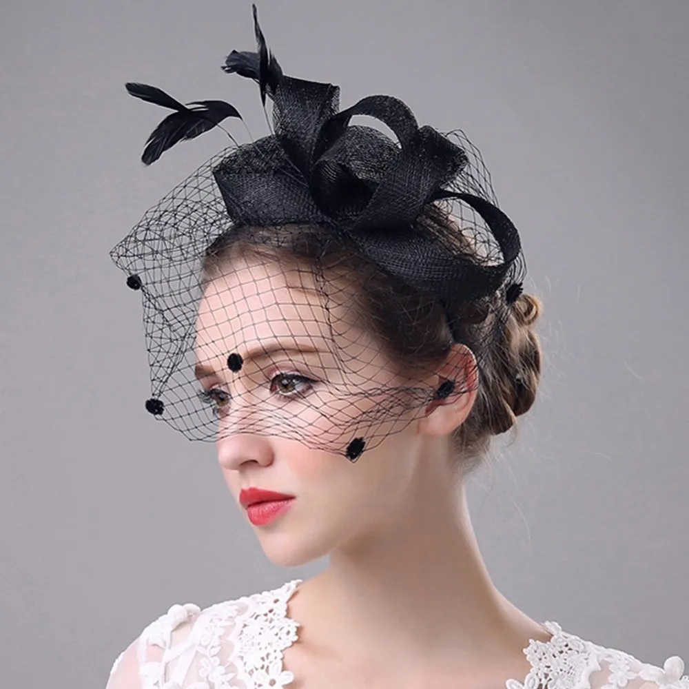 FWomen Свадебный чародей шляпа заколка для волос сетка вуаль точка перо волосы полосы обруча аксессуары ретро элегантный аксессуар для волос Аллигатор