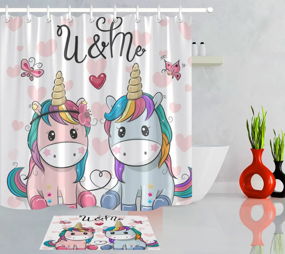 

LB Funny Unicorn with Butterfly Heart Extra Long Shower Curtains Bathroom Curtain Waterproof Polyester Fabric For Bathtub Decor