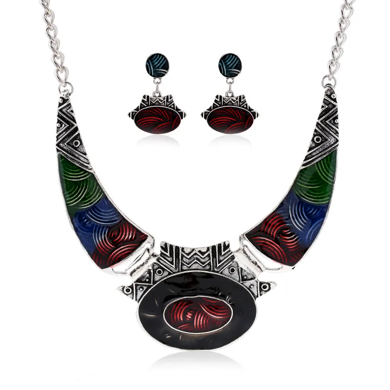 

Fashion Enamel Indian Jewelry Bohemian Chic Jewelry Sets Statement Necklace and Earrings For Women Gift 2T078