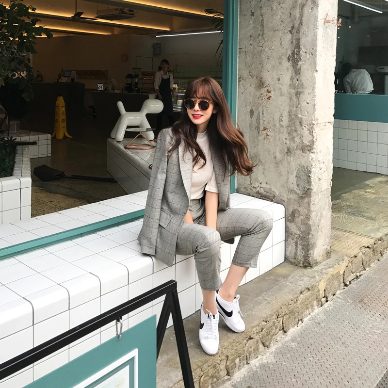 

Spring and Autumn New Korean Fashion Casual Plaid Blazer Women Slim Thin Nine Pants SetTwo-piece Set high quality Ms. trend Wild