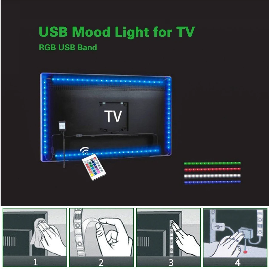 5050 SMD RGB USB Светодиодная лента постоянного тока 5 В 2x50 см + 2x100 фоновая подсветка 44key