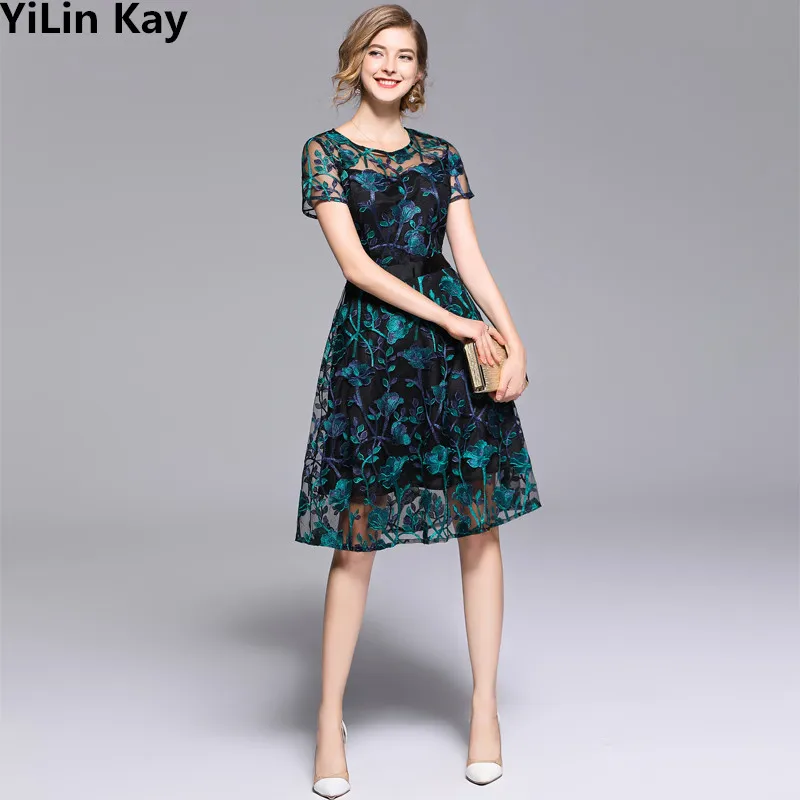 YiLin Kay женское летнее Сетчатое платье с вышивкой и коротким рукавом дизайнерское подиумное платье с вышивкой