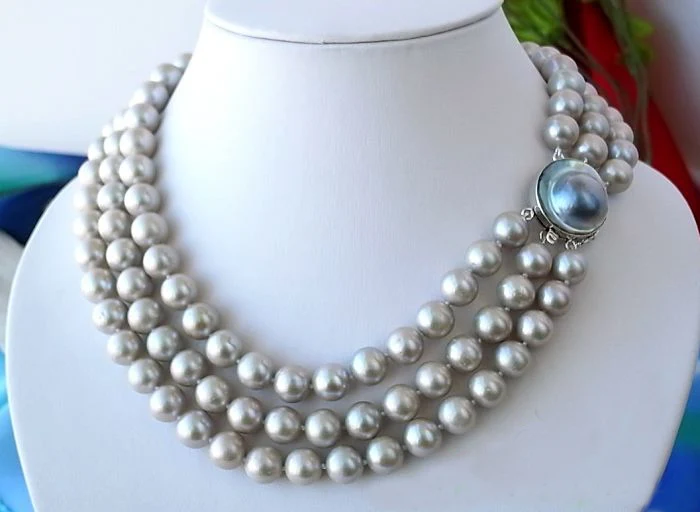

3ROW17" 9-10MM GRAY ROUND FRESHWATER PEARL NECKLACE 925SILVER MABE
