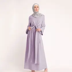 Длинная Абая платье Повседневное женские мусульманские платья Исламская Soild Цвет поддельные из двух частей рукавом длинное платье T416
