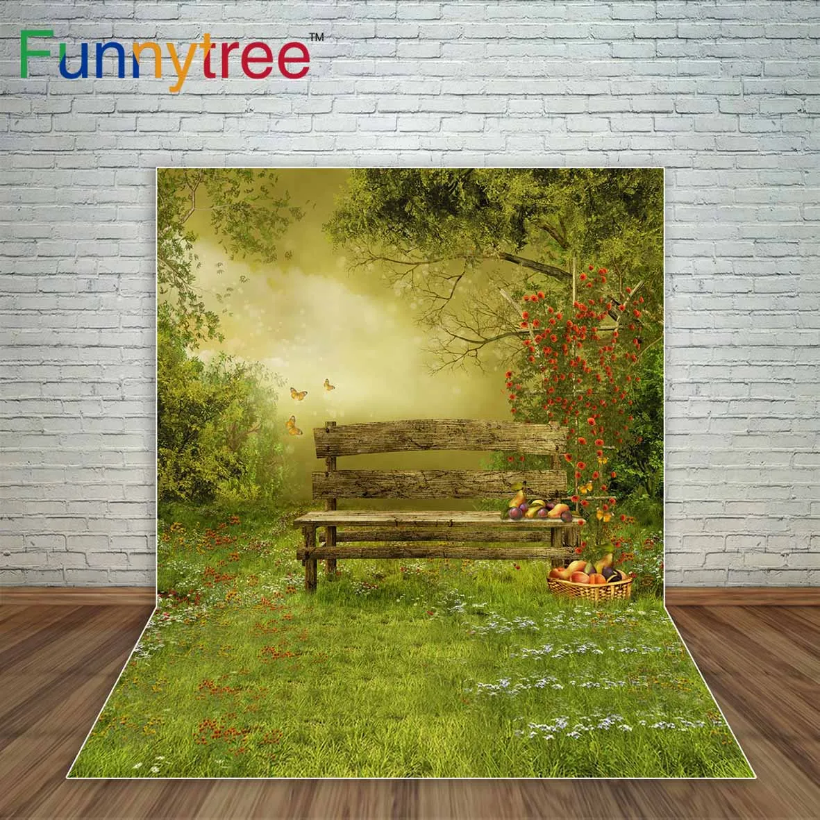 Фотофон Funnytree с винтажным деревянным скамейкой в дереве фруктовый сад фруктами и