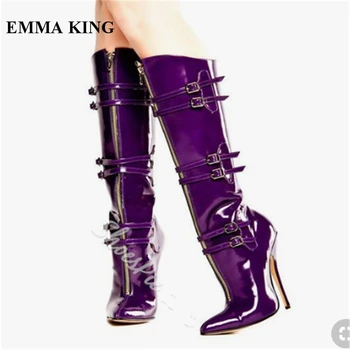 

New Purple Knee High Boots Women Patent Leather Front Zipper Stiletto High Heels Party Dress Shoes Gladiator Long Boots Women