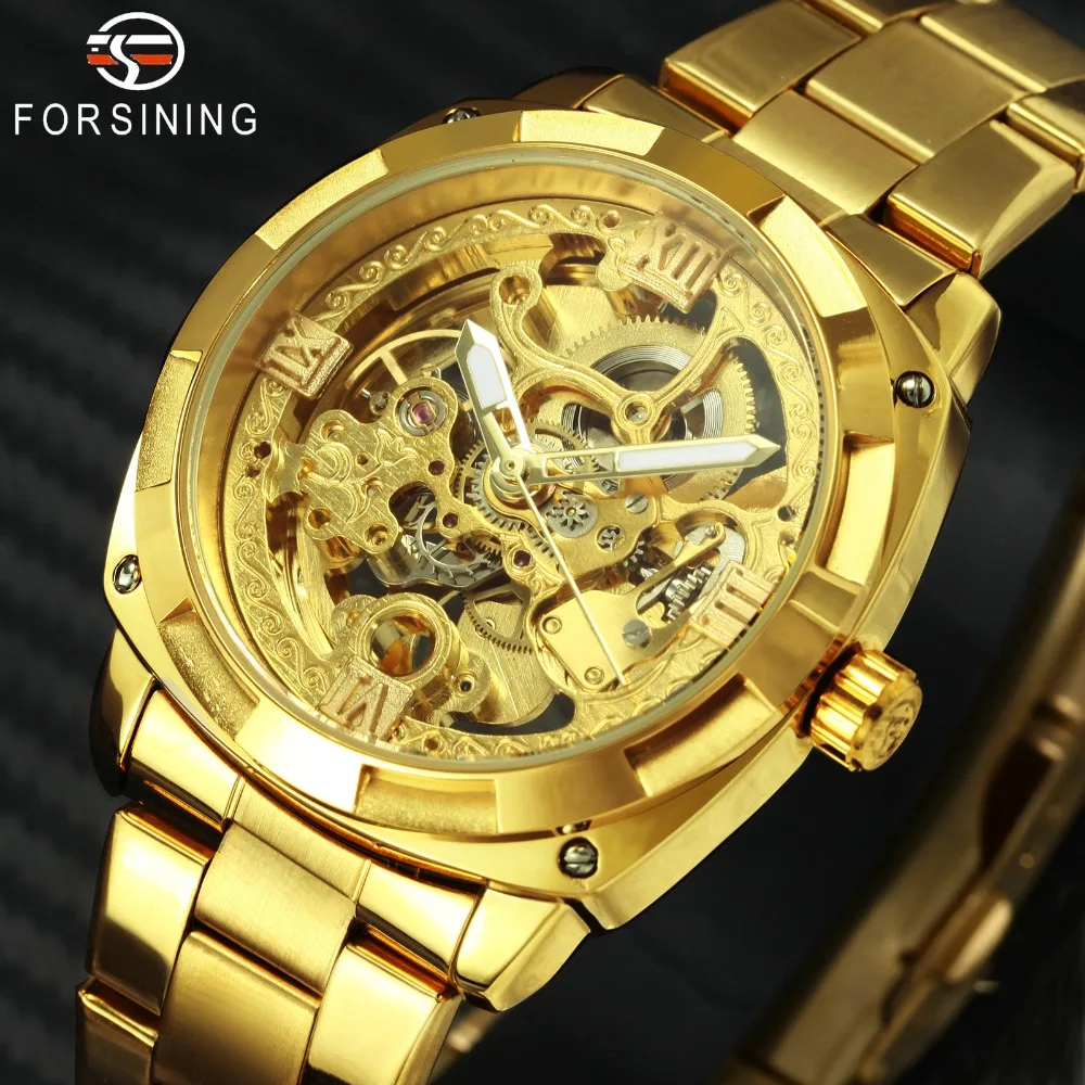 FORSINING Top Brand Luxury Auto Mechanical Watch Men Golden Skeleton
