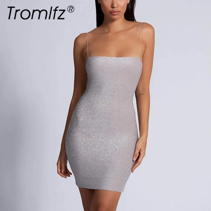 

Tromlfz Spaghetti Strap Sexy Women Short Dress Sleeveless Backless Sheath Party Women Beach Casual Ladies Bling Mini Dresses
