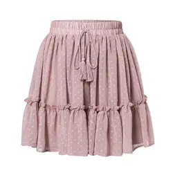 Новинка 2019, женская короткая Расклешенная юбка с высокой талией, плиссированная юбка в горошек с кисточками, мини-юбка трапециевидной