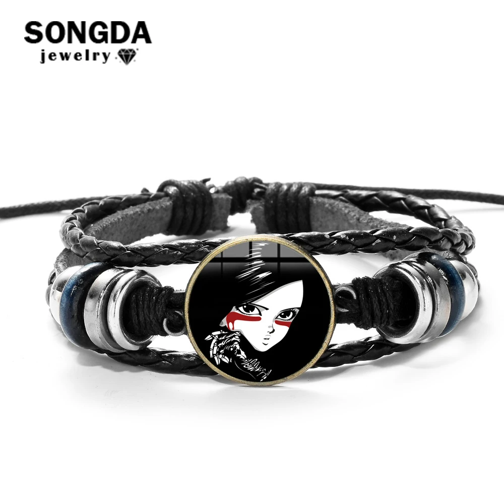 

SONGDA Alita: Battle Angel Bracelet Harajuku Cool Movie Figure Printed Glass Cabochon Punk Black Multilayer Leather Bracelet Men