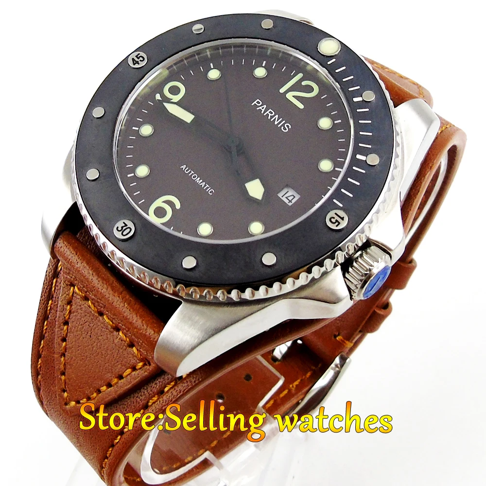 Parnis 43mm Coffee dial Mechanical Sapphire crystal Miyota Automatic Mens font b Watch b font