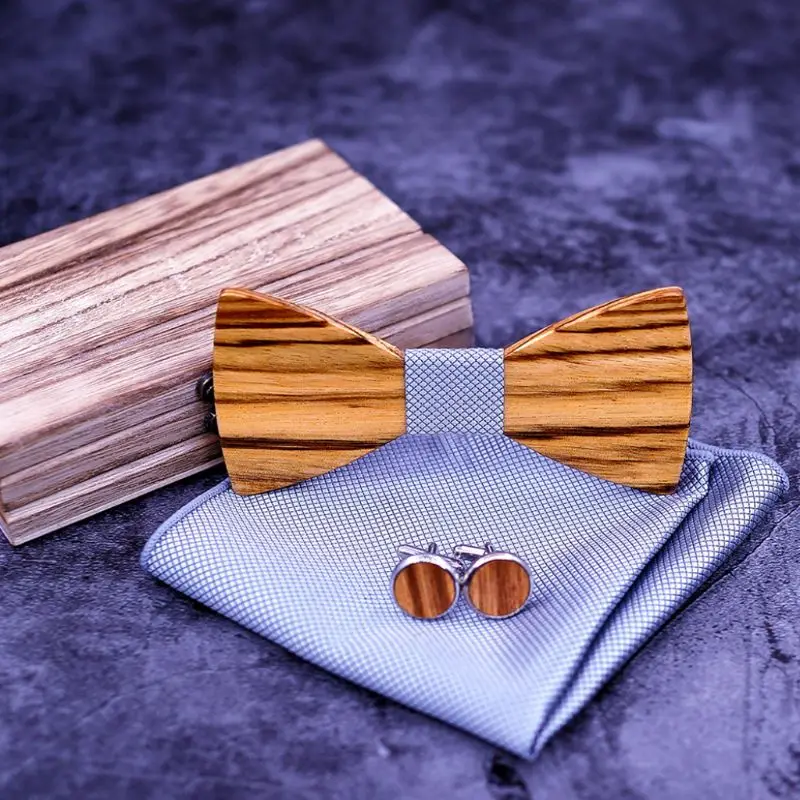  Zebra Grain Wooden Bow Tie For Men Male Trendy Necktie Wood Bowtie Handkerchief Cufflinks Set Box