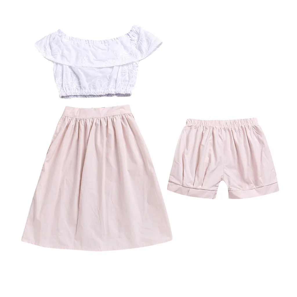 Summer Girls Kids clothes Off-shoulder pullover sleeveless T-shirts solid shorts Ruffle bandage skirts 3pc cotton Baby Outfits | Детская